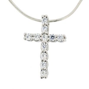 Traditional cross pendant with 11 diamond simulants set in silver with