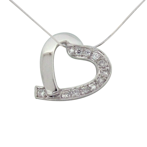modern heart shaped pendant half solid silver half paved with diamond simulants