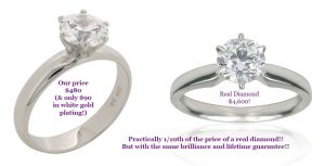 comparison of a cheaper diamond simulant versus a real diamond 1 carat, only 90 dollars at desertdiamondsireland.com