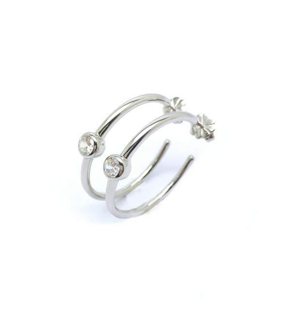 Cuff earrings, loop design with 0.5 carat (4.25mm) Diamond simulant in bezel set. Diameter 28mm