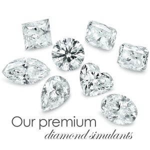 several premium cut diamond simulant stones baguette, emerald, heart, marquis, cushion, asscher, brilliant, princess, oval, teardrop